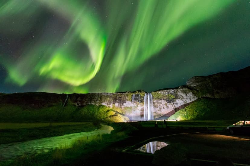 Northern lights over Seljalandsfoss